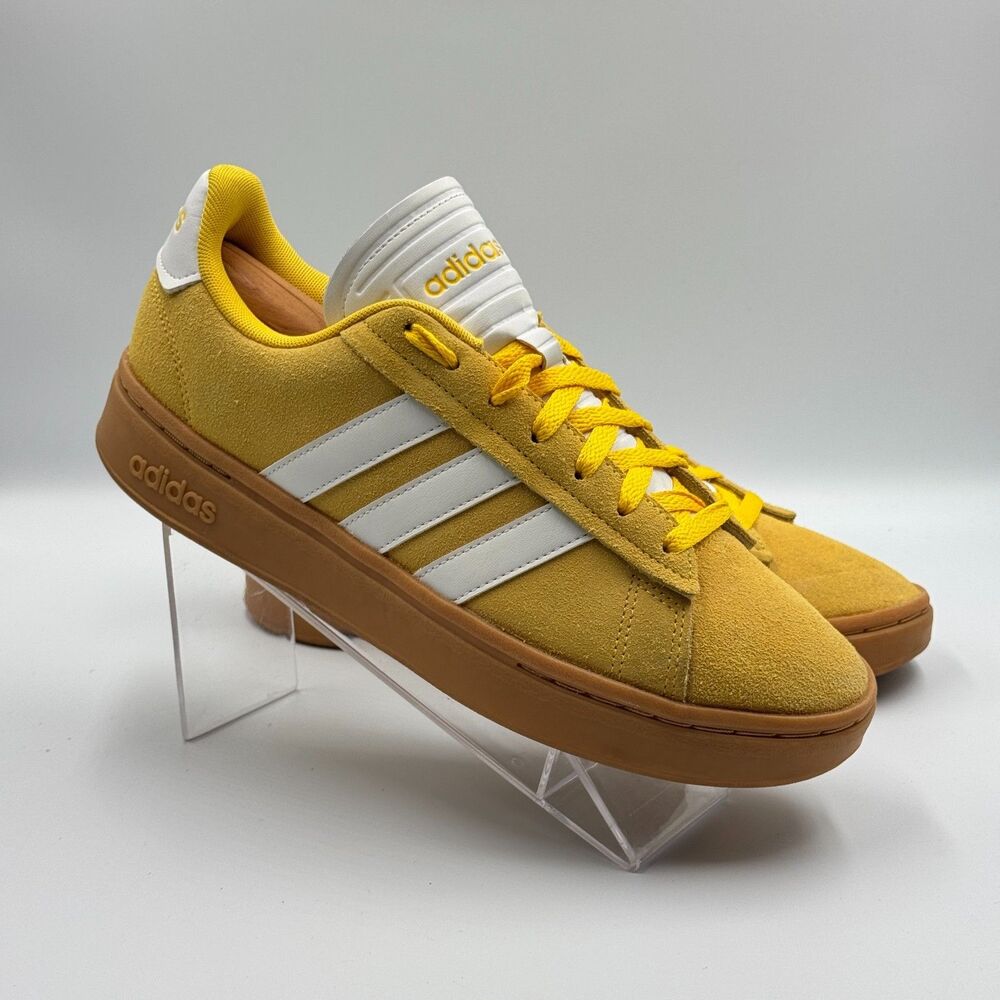 Adidas Grand Court Base Mens 9 Utility Yellow White Suede Gum Sole PRISTINE